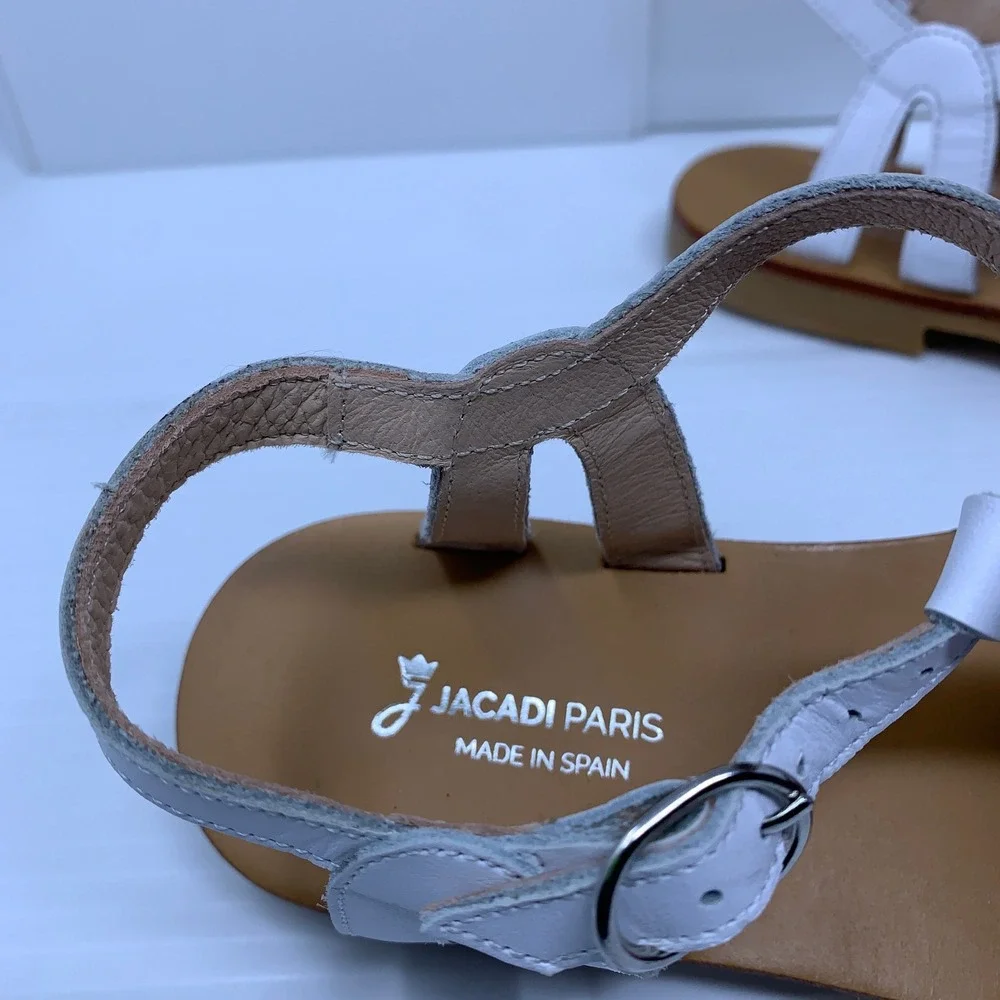Jacadi Girls 35 (US Size 4) White Leather T-Strap Buckle Flat Sandals New